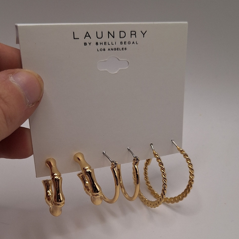 Laundry by Shelli Segal Gold Tone Hoop Earring Set NWT Twisted Classic 3 Pair